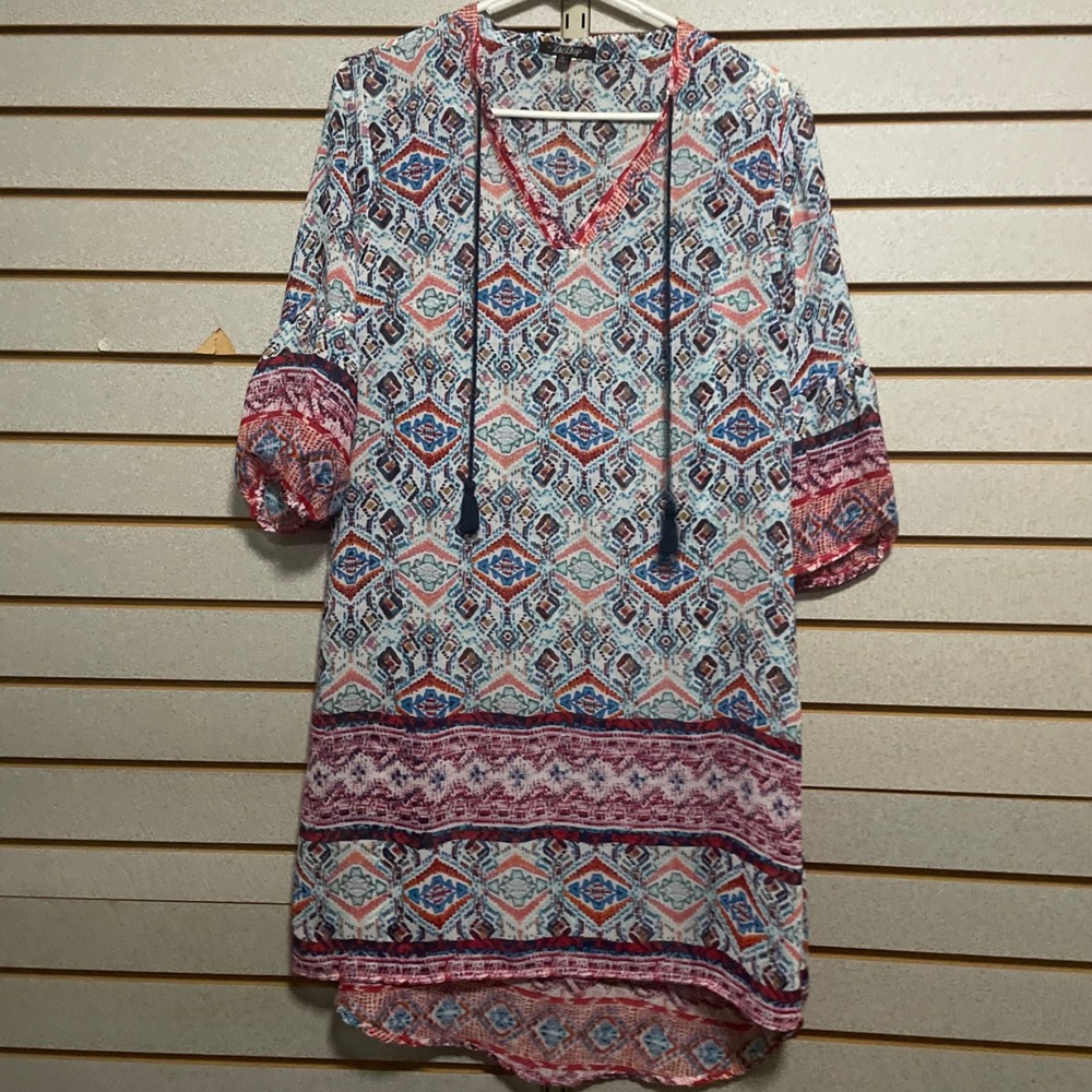 BeBop Womens Geometric Print Tassel V Neck Tunic Dress Blue Red Pink M